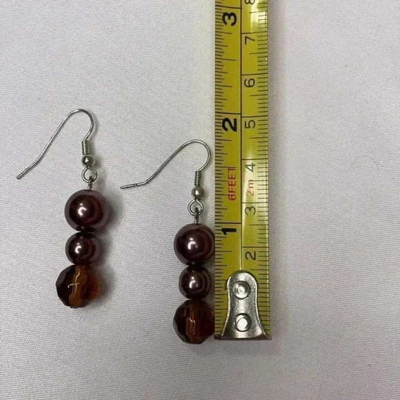 Triple Brown Pearl Crystal Dangle Fish Hook Earrings Premier Designs - Picture 3 of 3